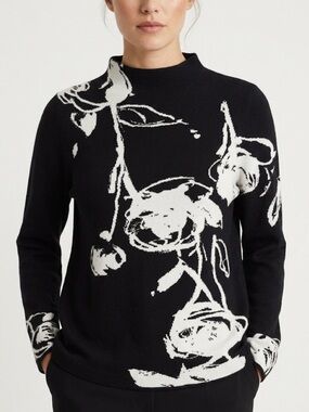 CHICO'S WOMEN'S BLACK/ WHITE ABSTRACT FLORAL MOCK NECK SWEATER SZ 1/M